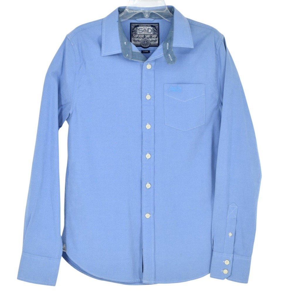 NWT Superdry Shirt Shop Mens L Button Up Shirt Long Sleeve Horizon Blue Cotton